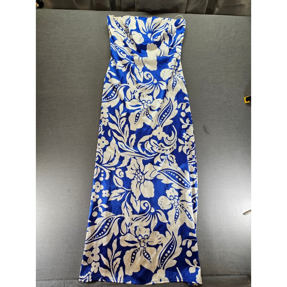 Paper Heart Blue White Floral Strapless Maxi Dress Satin Tropical Summer Gown S